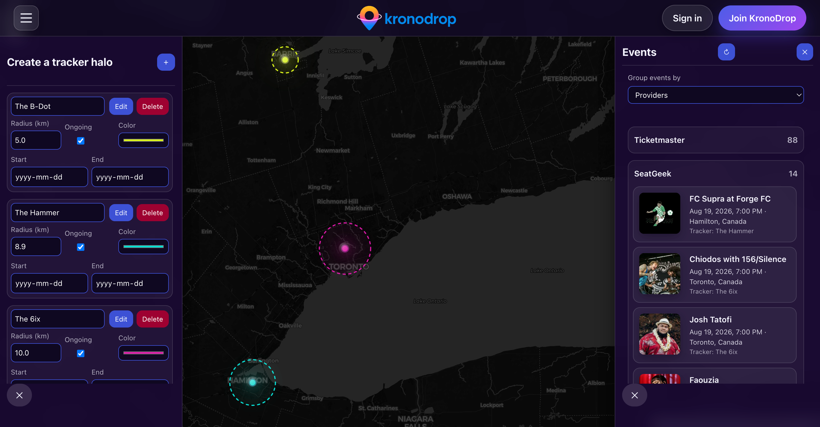 Kronodrop's Toronto event map