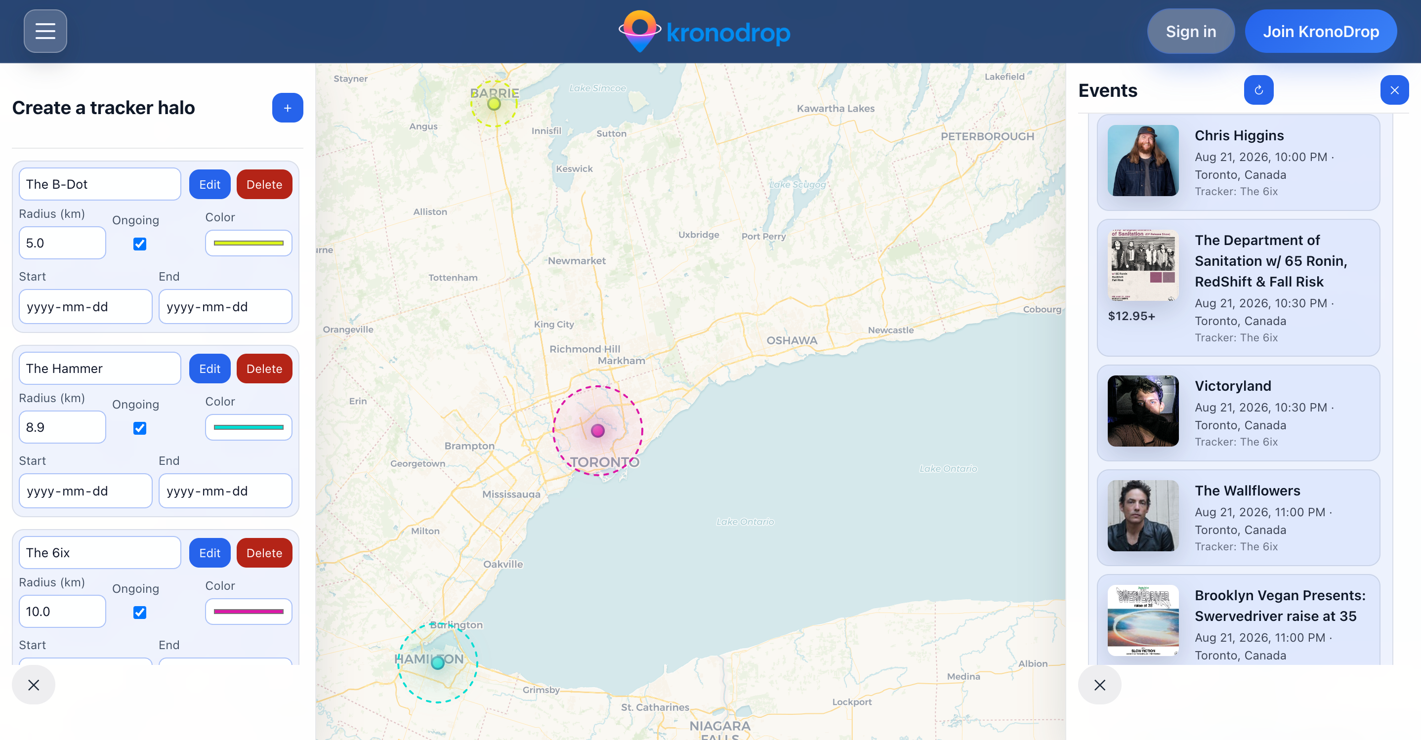 Kronodrop's event tracker map